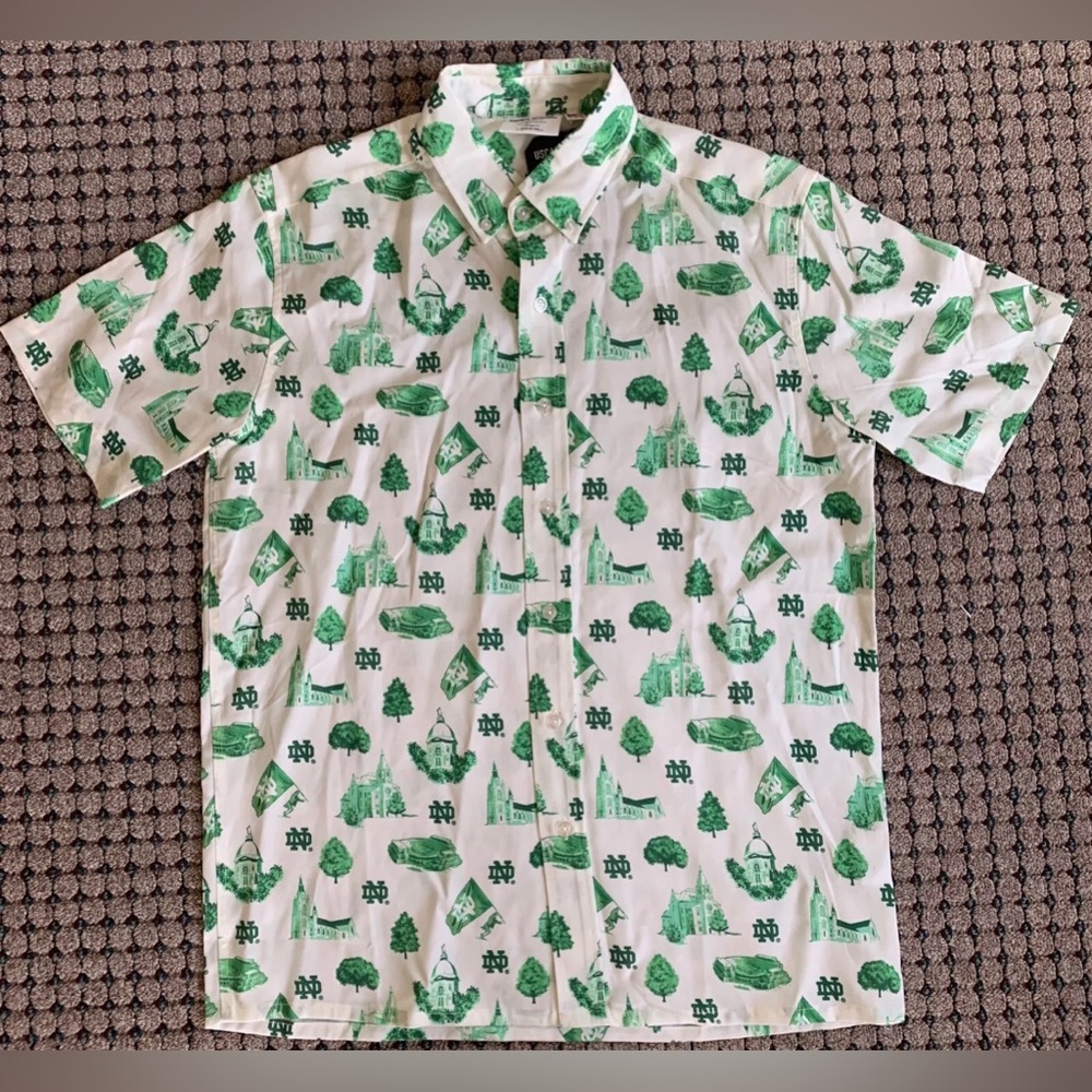 Uscape Apparel Notre Dame Button Up Short Sleeve Cream And Kelly Green- Size S